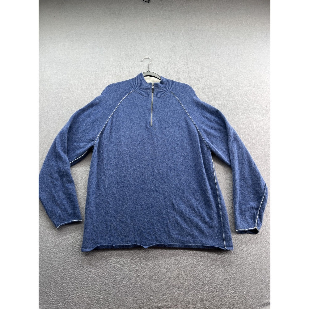 Kinross Cashmere Sweater Mens 2XL Blue Quarter Zip Mock Neck Raglan Rib Knit